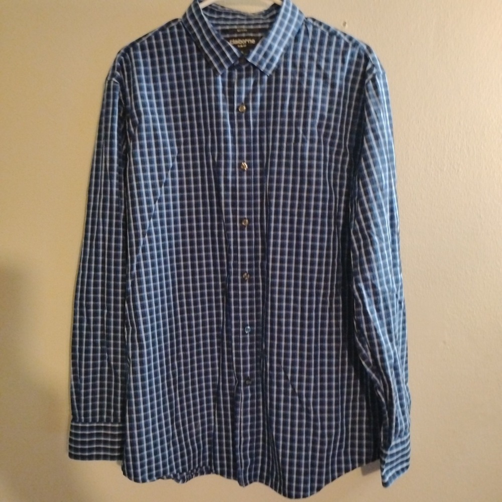 Claiborne Men's Blue Check Cotton Long Sleeve Casual Button-Up Shirt - Picture 2 of 7
